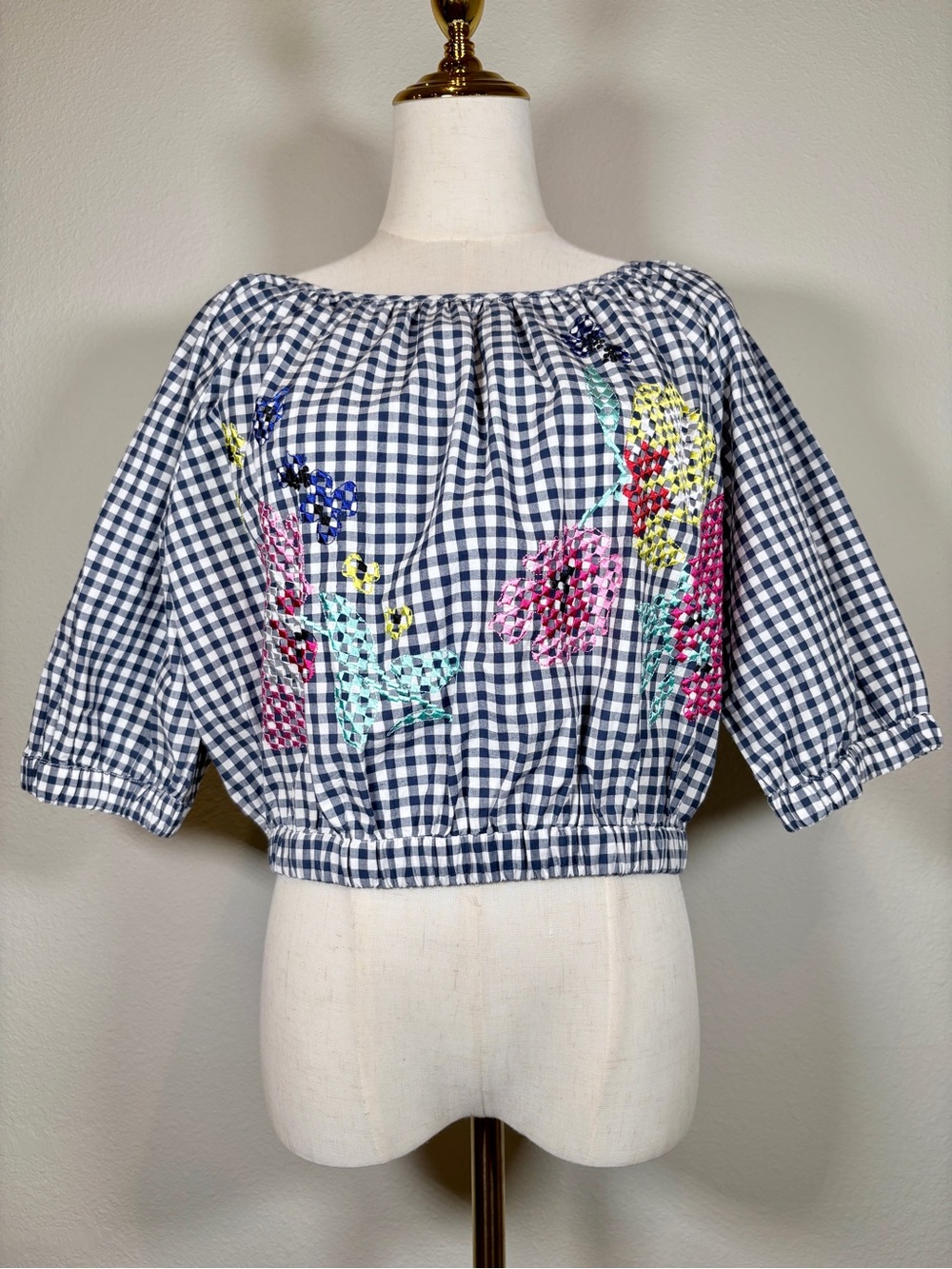 French Connection Navy Gingham Embroidered Top Size Large